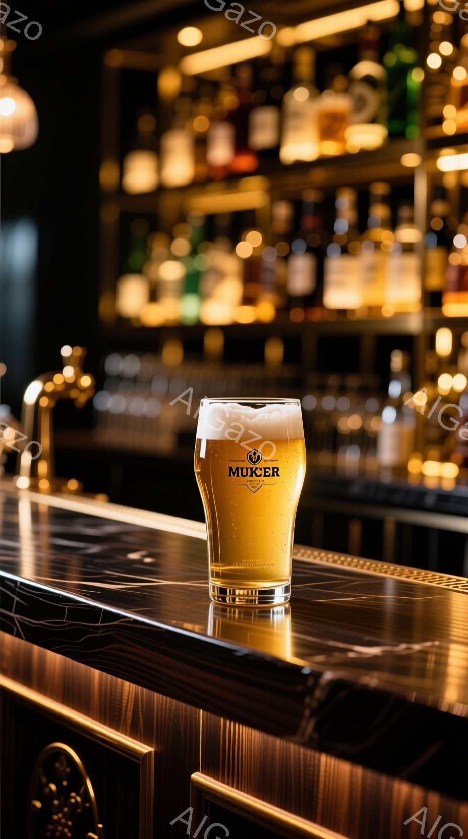 ガラス製のジョッキに琥珀色のビールが注がれており、表面には細かい泡が浮かんでいる。ジョッキには「MUCER」と書かれたロゴが描かれており、背景には様々な種類の酒瓶が並んだバーカウンターが見える。カウンターは光沢があり、全体的に暖色系の照明で照らされており、落ち着いた大人の雰囲気が漂っている。