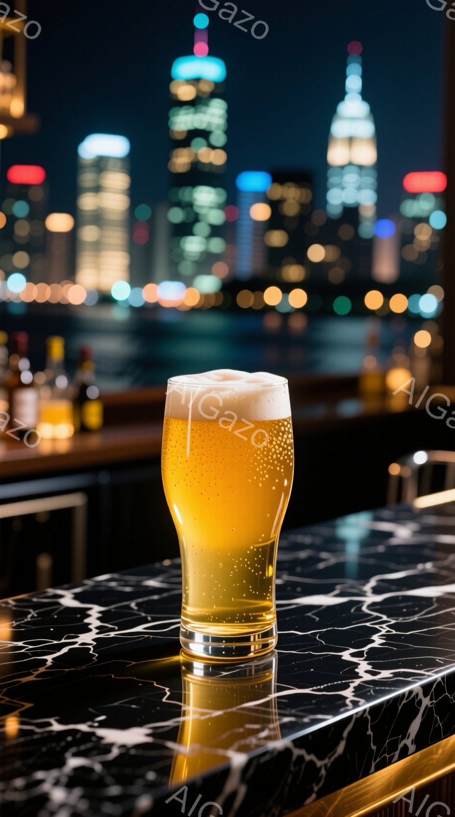 夜景を背景に、大理石調のカウンターに置かれたグラスのビールが印象的な画像です。グラスにはたっぷりの泡が浮かび、ビールは黄金色に輝いています。背景には高層ビル群が煌めき、夜の都市の活気と落ち着いた雰囲気 - AI生成フリー素材