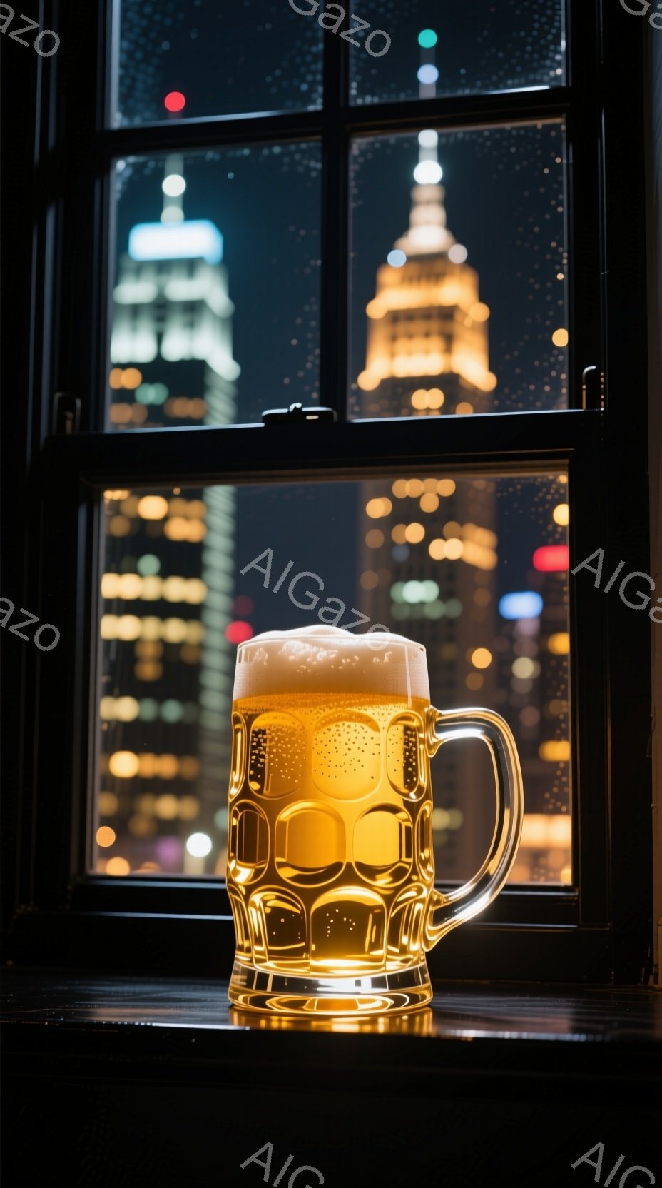 ビールが一杯、窓辺に置かれており、背後には夜景が広がっている。高層ビル群が光り輝き、その中にエンパイアステートビルがそびえ立っている。暖色の光がビールに反射し、都会の夜の静けさと安らぎを感じさせる雰囲気だ。