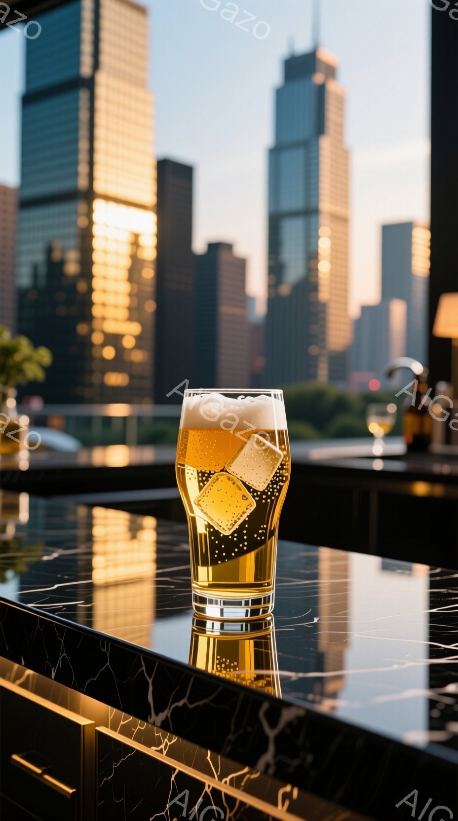 黒い大理石のカウンターの上に、氷の入った冷たいビールが置かれています。背景には、夕焼けに照らされた高層ビル群がそびえ立ち、都会の洗練された雰囲気を醸し出しています。 全体的に、リラックスした贅沢な時間が感じられる、魅力的な構図です。