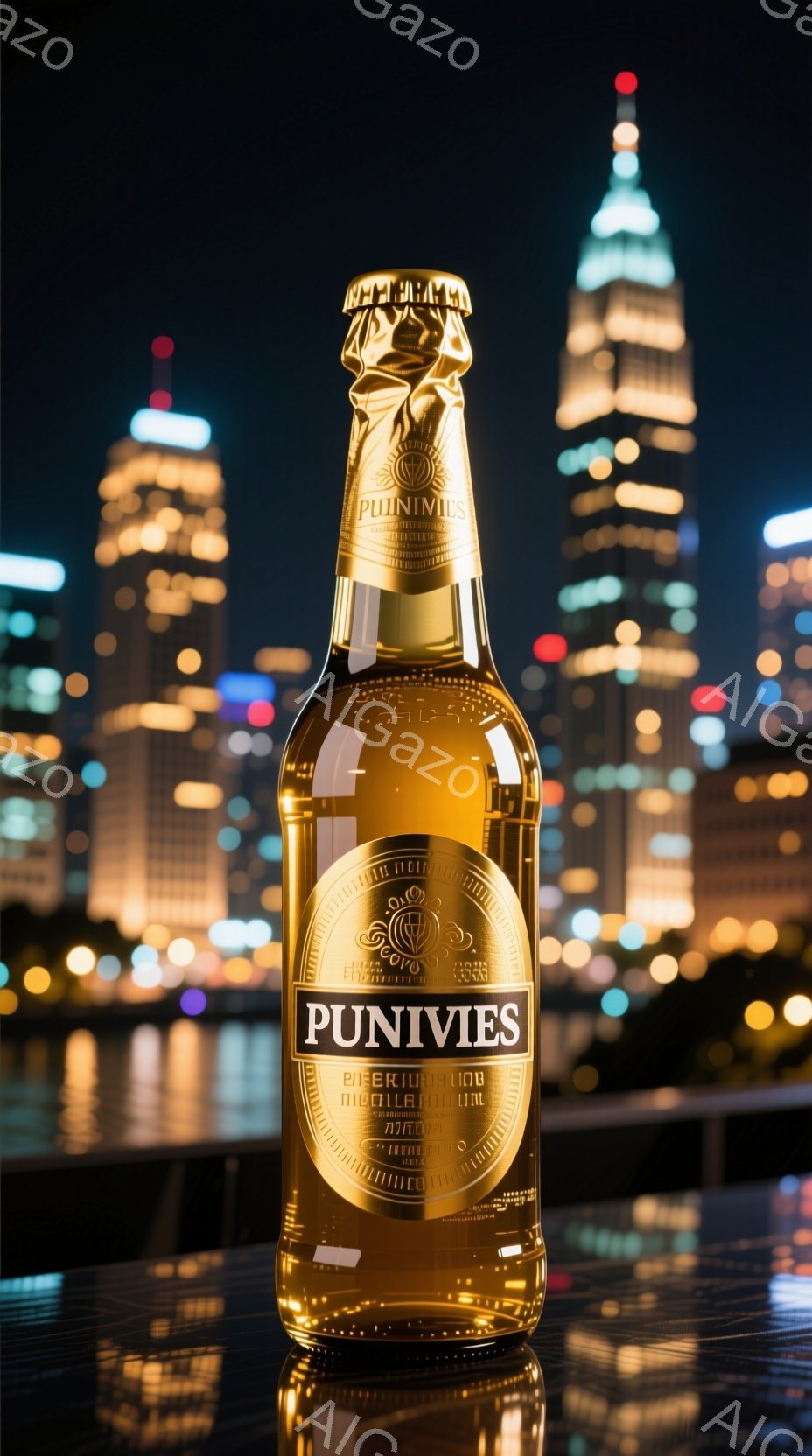 光り輝くビール瓶が、夜景を背景に印象的に配置されている。高層ビル群がライトアップされ、水面にその光が反射しており、都市の活気と洗練された雰囲気を醸し出している。ビールのラベルには「PUNIVIES」という文字が描かれ、ボトルは滑らかな曲線を描き、全体的に高級感と洗練された印象を与える。