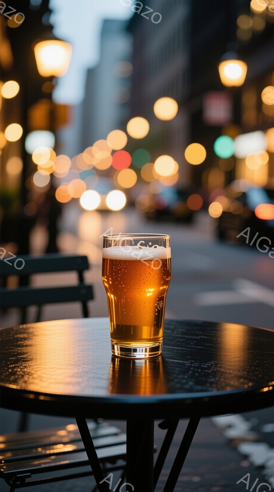 テーブルの上には、泡が立つ琥珀色のビールが入ったグラスが置かれている。背景は夜の街並みで、ぼやけた光が点在し、雨上がりの濡れた路面が光を反射している。全体的に落ち着いた雰囲気で、夜の静かなひとときを切 - AI生成フリー素材