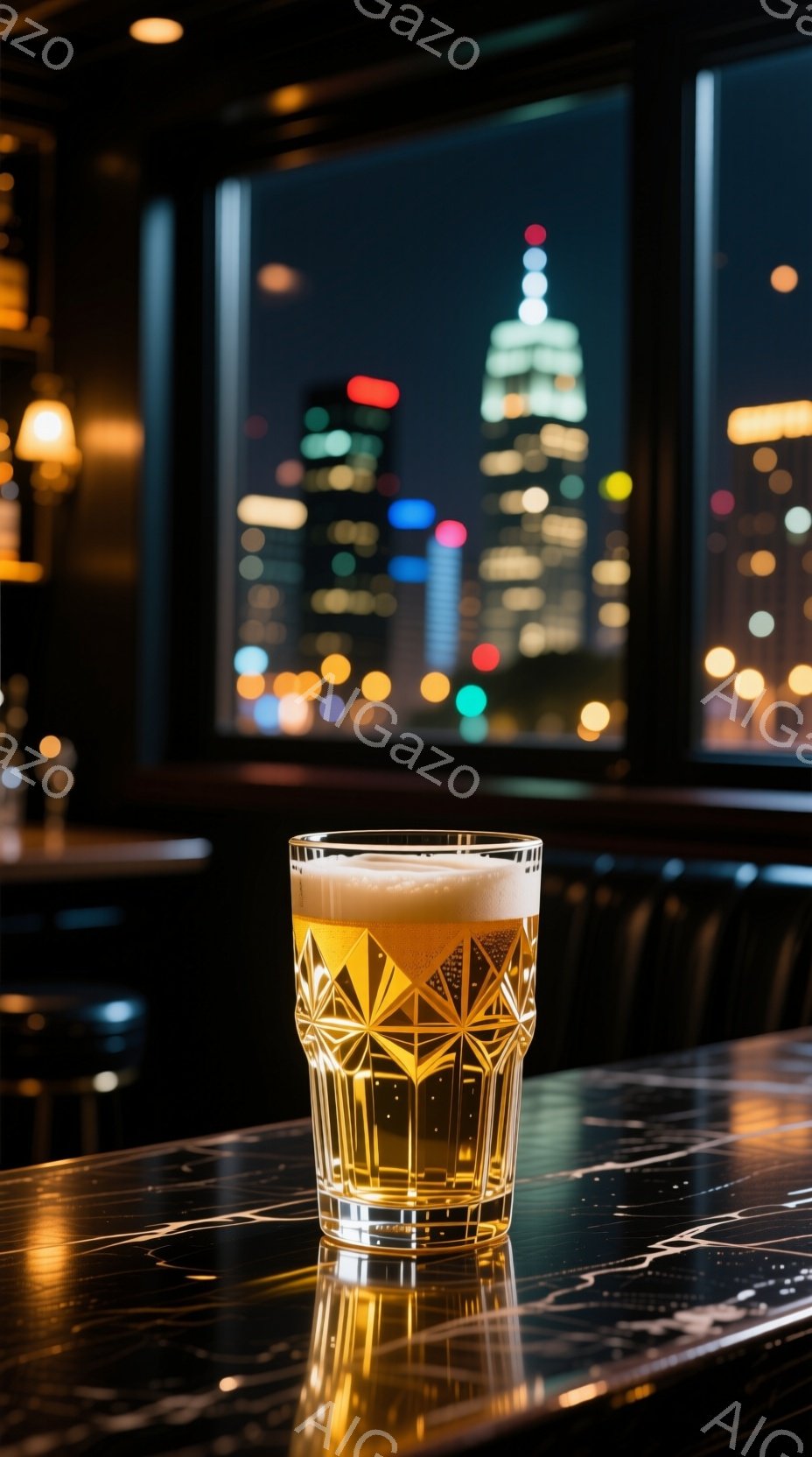 黒い大理石のカウンターの上に、黄金色のビールが入った美しいグラスが置かれています。グラスのデザインは幾何学模様で、泡が乗って美味しそうに見えます。背景には夜景が広がり、高層ビル群がぼんやりと光り、洗練 - AI生成フリー素材