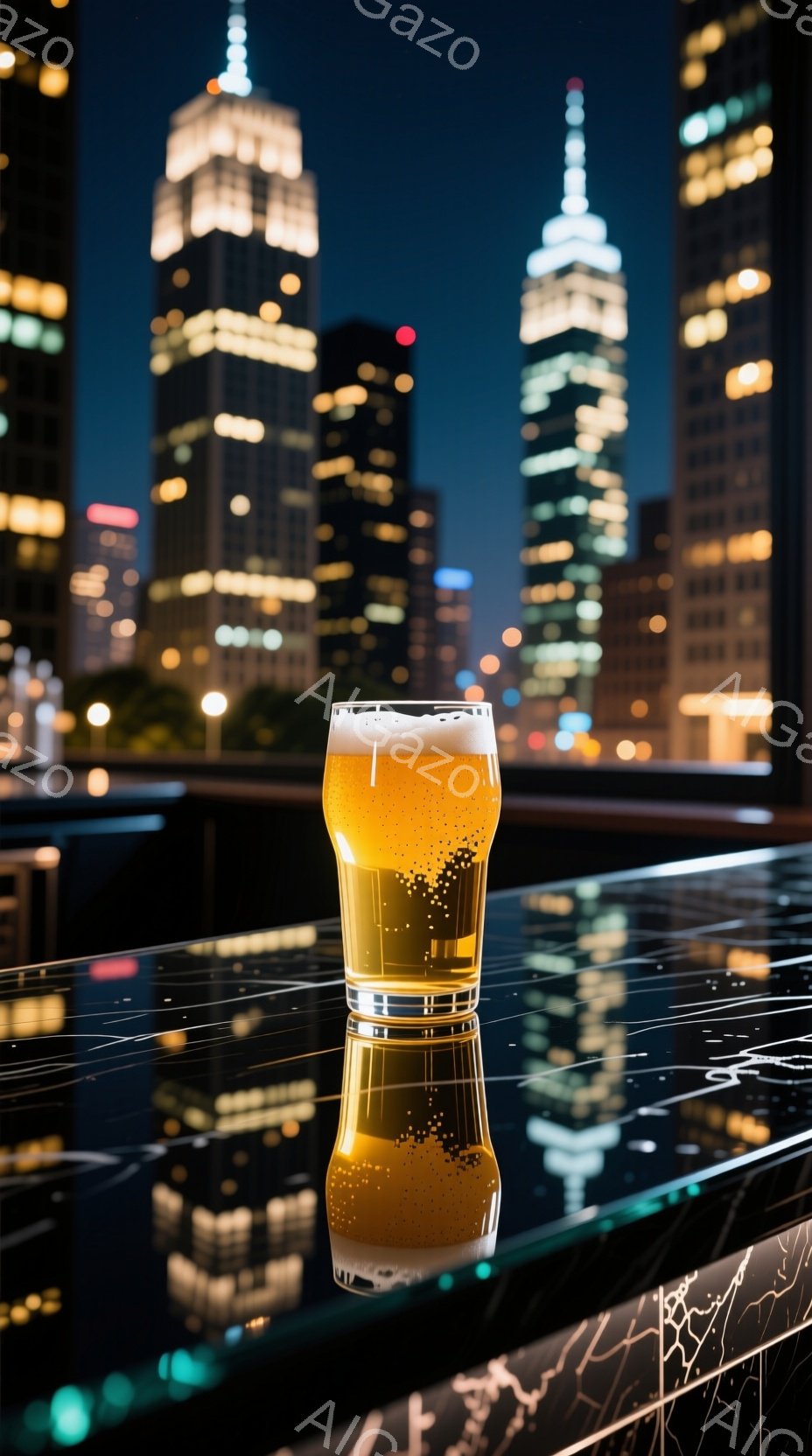 夜景を背景に、グラスに入った泡立つビールがテーブルに置かれている。高層ビル群が光り輝き、ビルの窓の光がテーブルの表面に反射して、幻想的な雰囲気を醸し出している。暗闇の中でビールが照らされ、都会の夜の贅沢なひとときを思わせる。