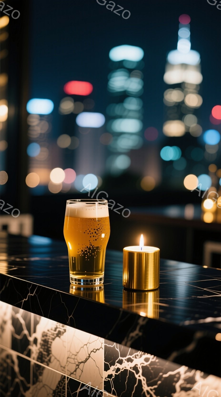 黒の大理石のようなカウンターの上に、泡が乗ったビールのグラスと金色のキャンドルが置かれています。背景には夜景の都市がぼやけて見え、多くの光が点在しています。全体的に落ち着いた雰囲気で、都会の夜に楽しむひとときを表現しているようです。