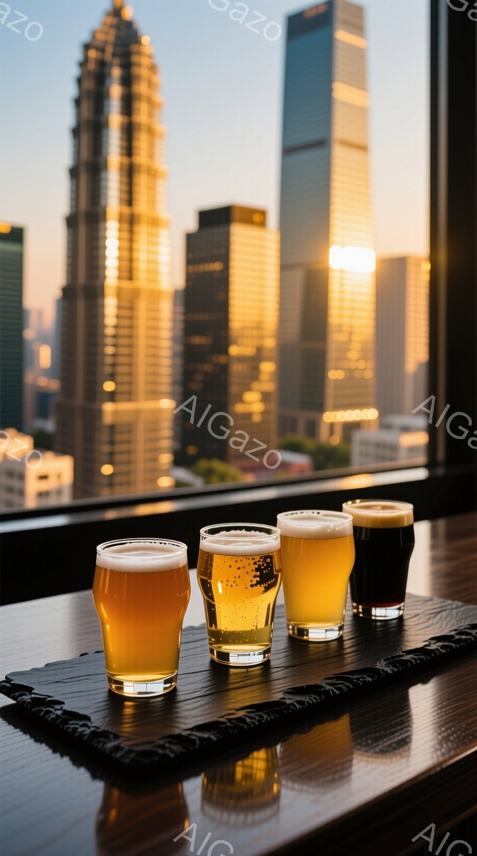 テーブルの上には、琥珀色から濃い茶色まで、様々な色のビールが並んだグラスが４つ置かれています。背景には高層ビル群が夕日に照らされ、都市のスカイラインが広がっています。全体的に落ち着いた雰囲気で、都会の夜景を眺めながらビールを楽しむ、洗練された空間が表現されています。