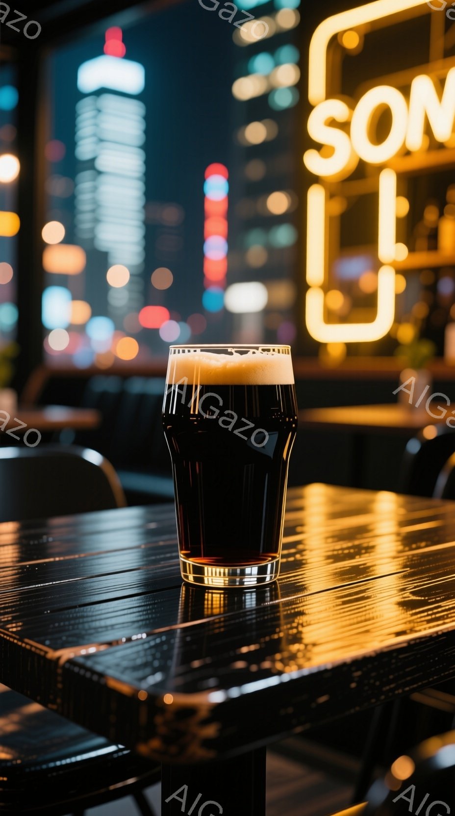琥珀色のビールが、磨かれた木製のテーブルの上に置かれている。背景には、夜景のぼやけた光と、ネオンサインのような光が映り込み、都市の活気を感じさせる。全体的に暖色系の照明が使われ、落ち着いた大人の雰囲気を作り出している。