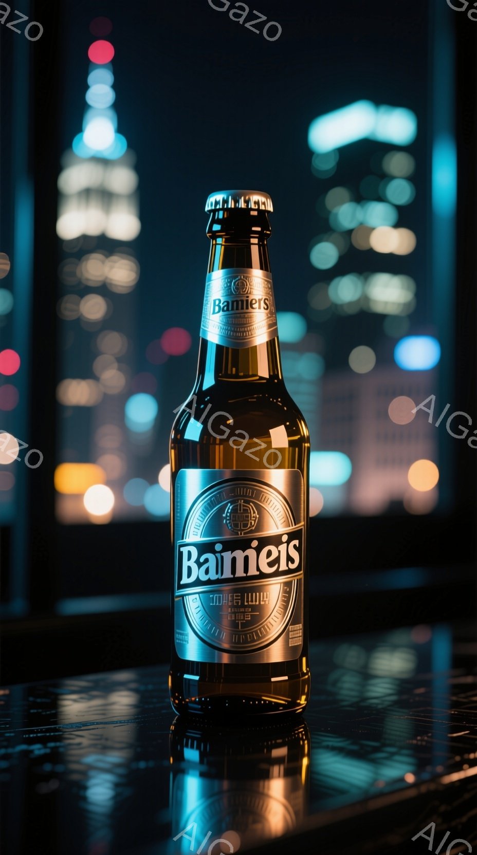 夜景を背景に、ビールのボトルが置かれています。ボトルは金色で、ラベルには「Baimeis」と書かれており、光沢のある表面が特徴です。背景には、ぼやけた高層ビル群が広がり、暗闇の中に青やオレンジの光が点在し、都会的で洗練された雰囲気を醸し出しています。