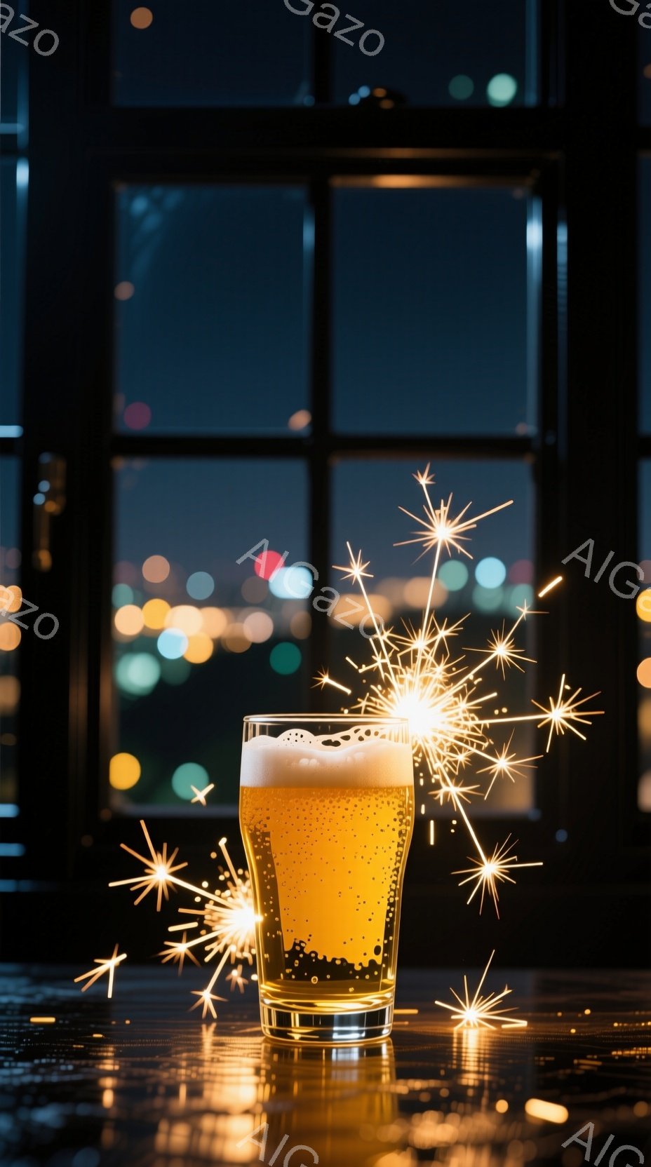 金色のエールビールがグラスに満たされ、泡が立ち上っている。背景には、夜景がぼやけて写り、きらめく光が夜空を彩っている。グラスの周りには花火のような光が散りばめられ、お祝いや特別な夜の雰囲気を醸し出している。