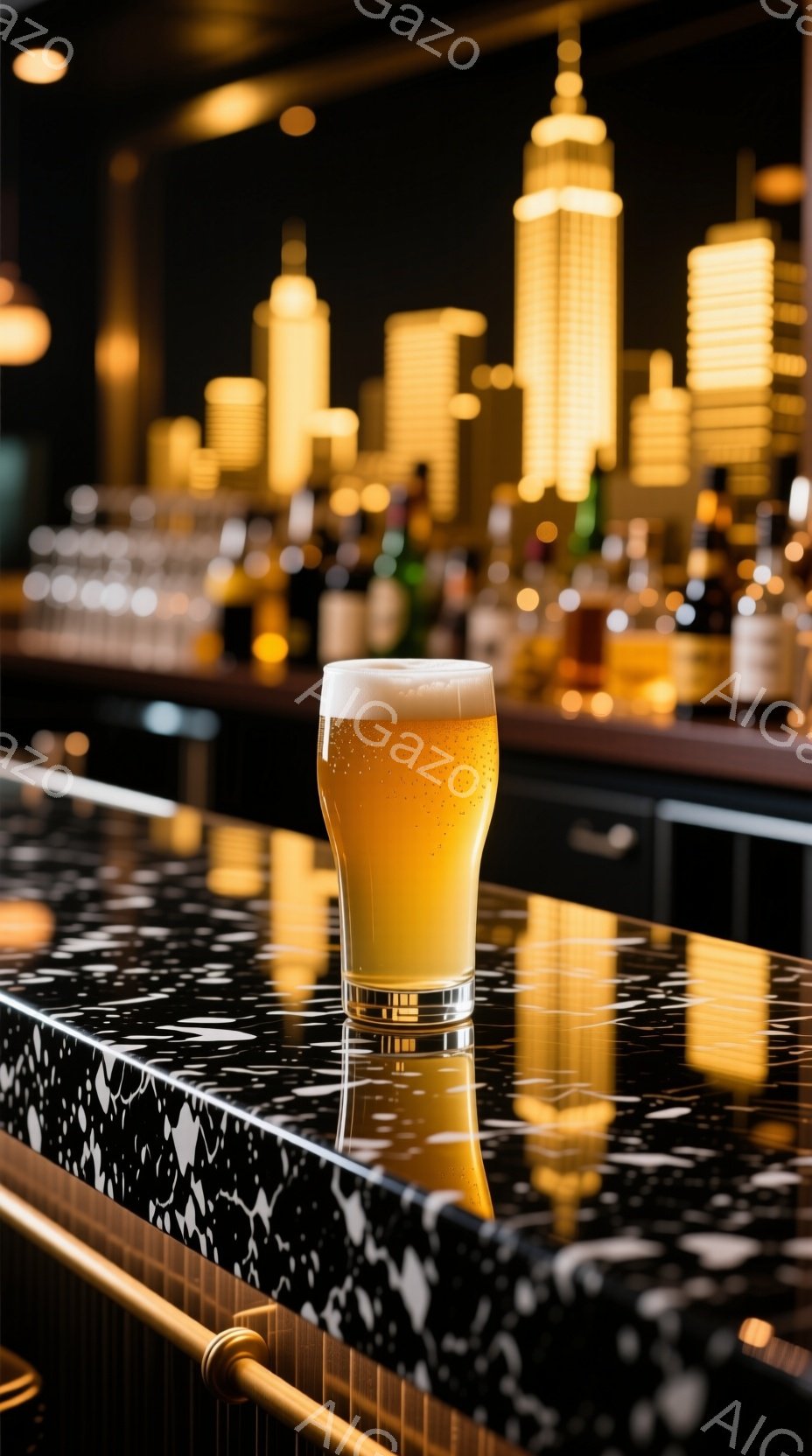 金色の泡が美しいビールが、大理石調のカウンターに置かれています。背景には夜景の都市の明かりがぼんやりと見え、カウンターの縁には金色の金属製の縁取りがあります。全体的に落ち着いた雰囲気で、洗練されたバーの様子が伝わってきます。