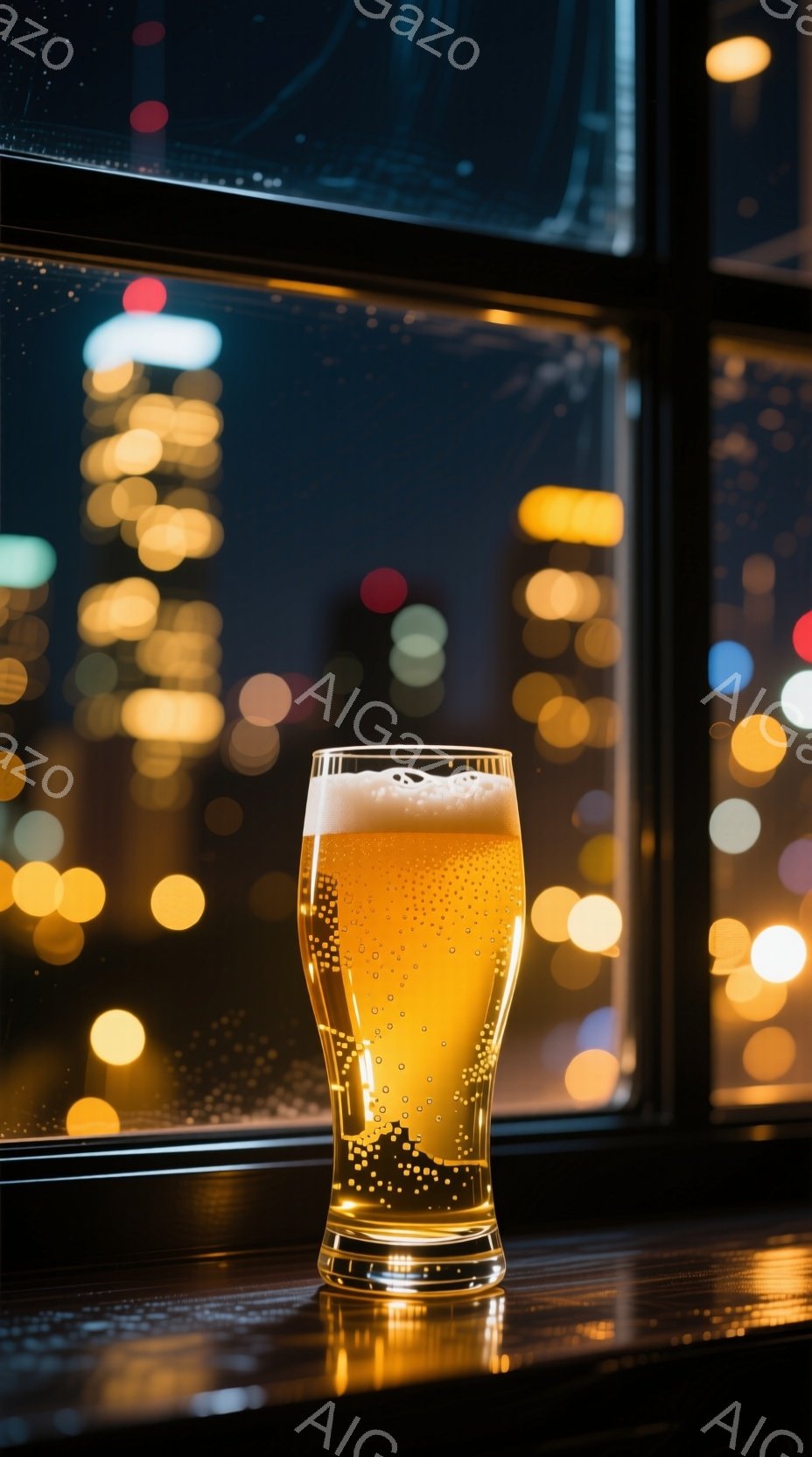 金色のエールビールが一杯、カウンターの上に置かれている。背景には夜景がぼやけて見え、暖色の光が反射してテーブルを照らしている。全体的に落ち着いた雰囲気で、夜のバーやパブの情景を思わせる。 - AI生成フリー素材