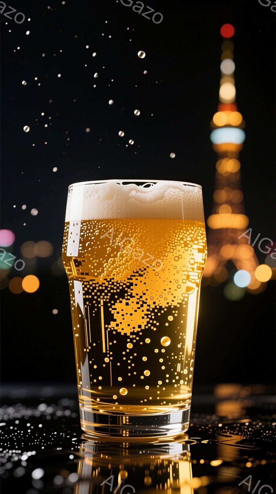 画像には、夜景を背景に、泡が立ち込めるグラスのビールが写っています。ビールは黄金色で、表面には細かい泡が浮かび、グラスの周りには水滴が付着しています。背景には、ぼやけた都市の明かりと、東京タワーらしき建造物が確認でき、夜の落ち着いた雰囲気を醸し出しています。