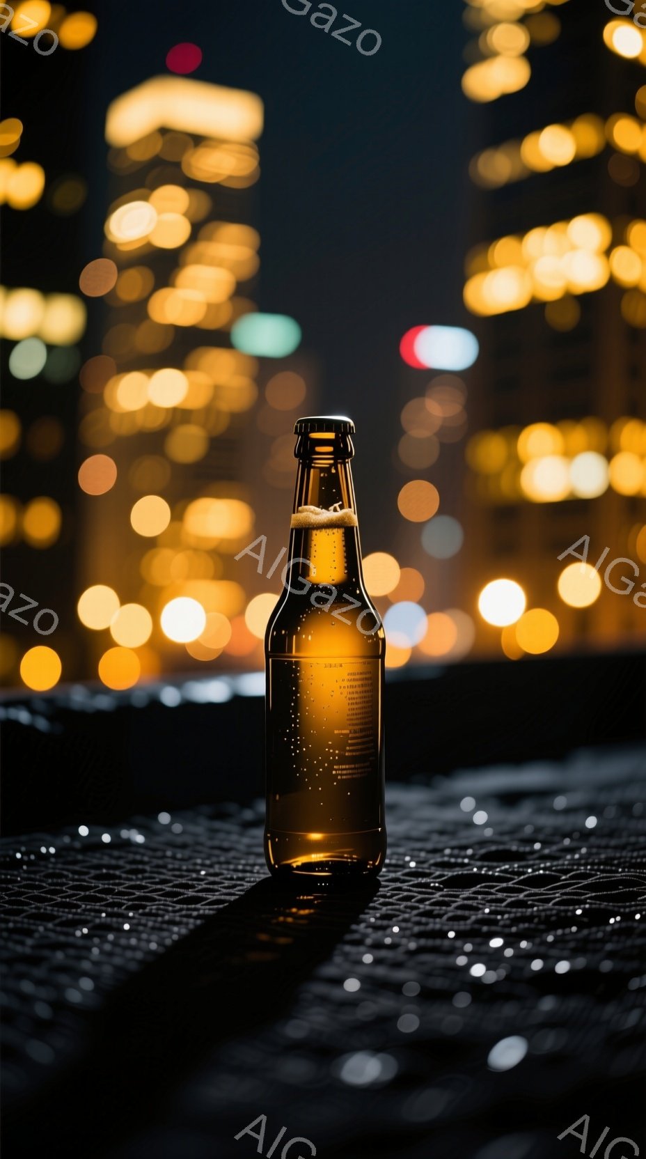 暗いアスファルトの地面に、ラベルが見えないビール瓶が立っている。背景は夜の街並みのぼやけた光で、多くの建物が密集していることがわかる。全体的に、夜の都会の静けさと、ビールの片鱗が感じられる雰囲気である。