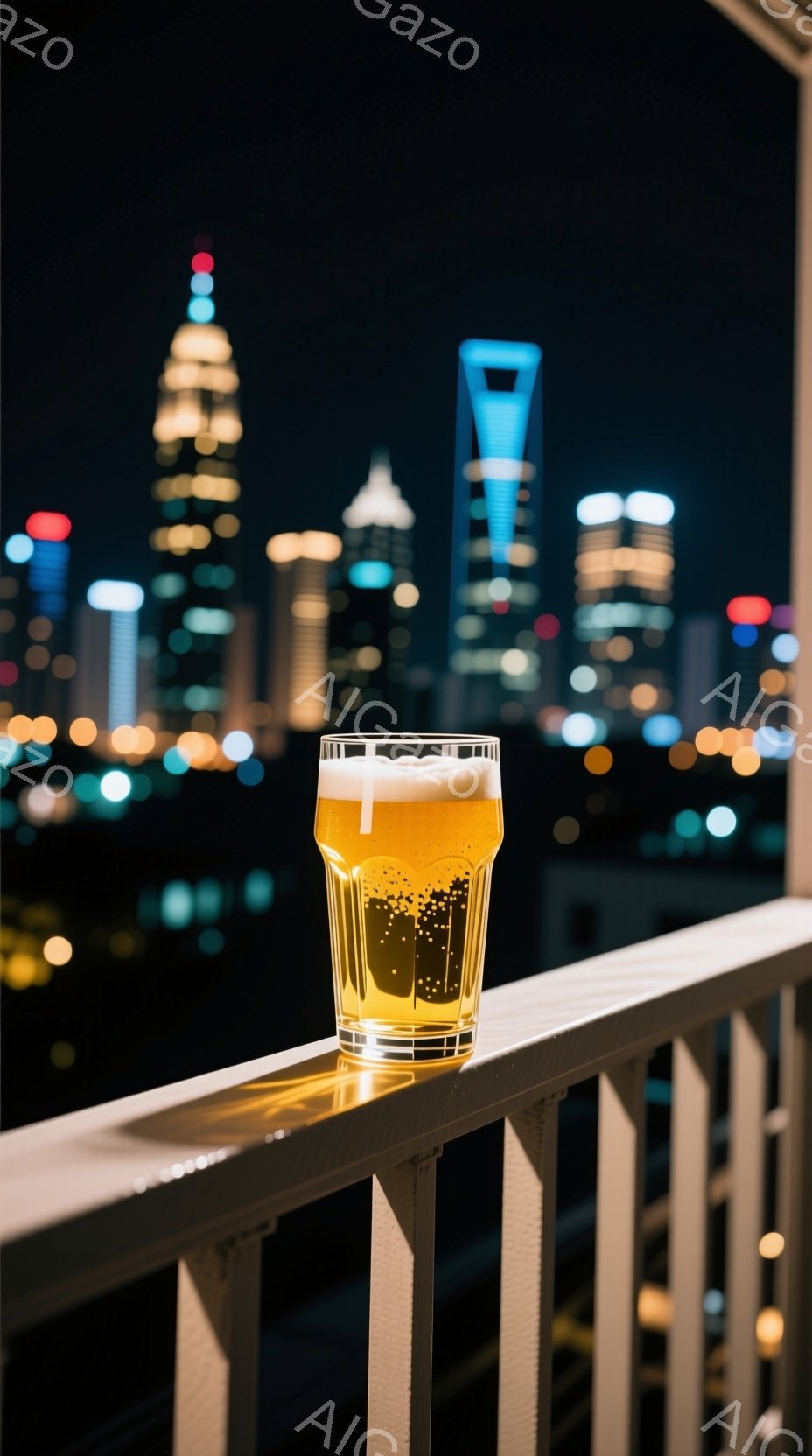 バルコニーの手すりに置かれたグラスに入ったビールが写っている。背景には夜景が広がり、高層ビル群が光り輝いている。全体的に都会的で洗練された雰囲気であり、夜のひとときを楽しむ様子が伝わってくる。