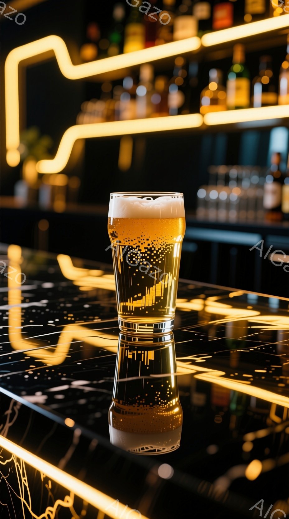バーカウンターに置かれたグラスに入った泡立つビールが写っている。カウンターは黒い鏡面で、ビールの反射と、背後の黄色いネオンライトの光が映り込んでいる。全体的に暖色系の光で照らされ、スタイリッシュでモダンな雰囲気を醸し出している。