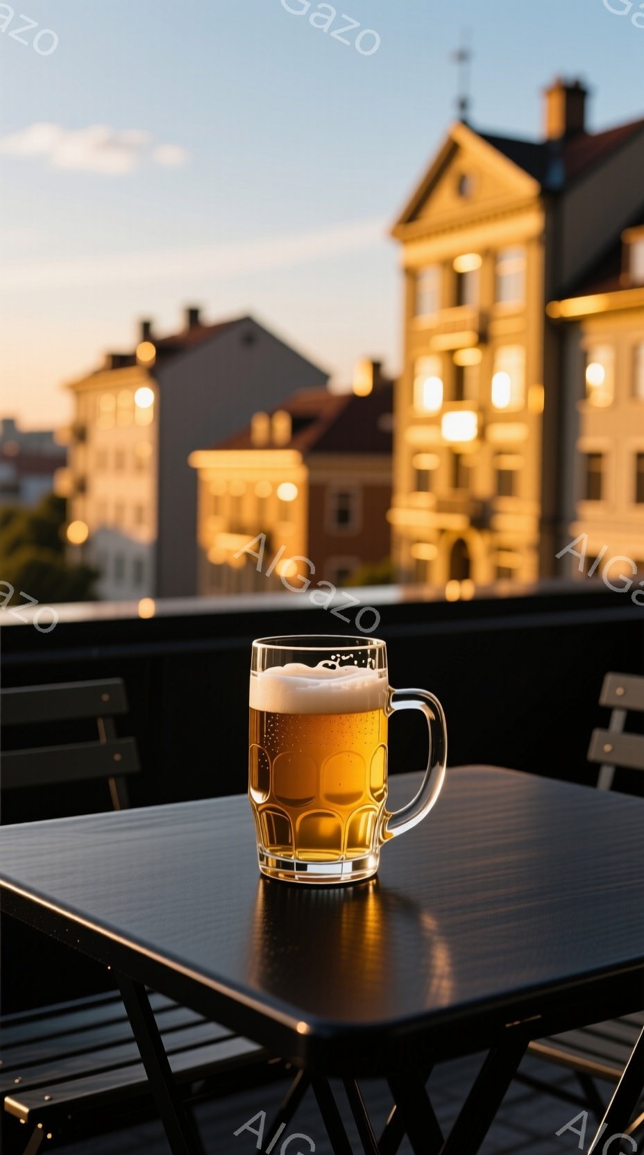 ビールが一杯、黒い折り畳みテーブルの上に置かれている。背景には夕暮れ時の建物群が広がっており、オレンジ色の光が窓から漏れている。穏やかでリラックスした雰囲気であり、都会の夕暮れ時の静けさが感じられる。