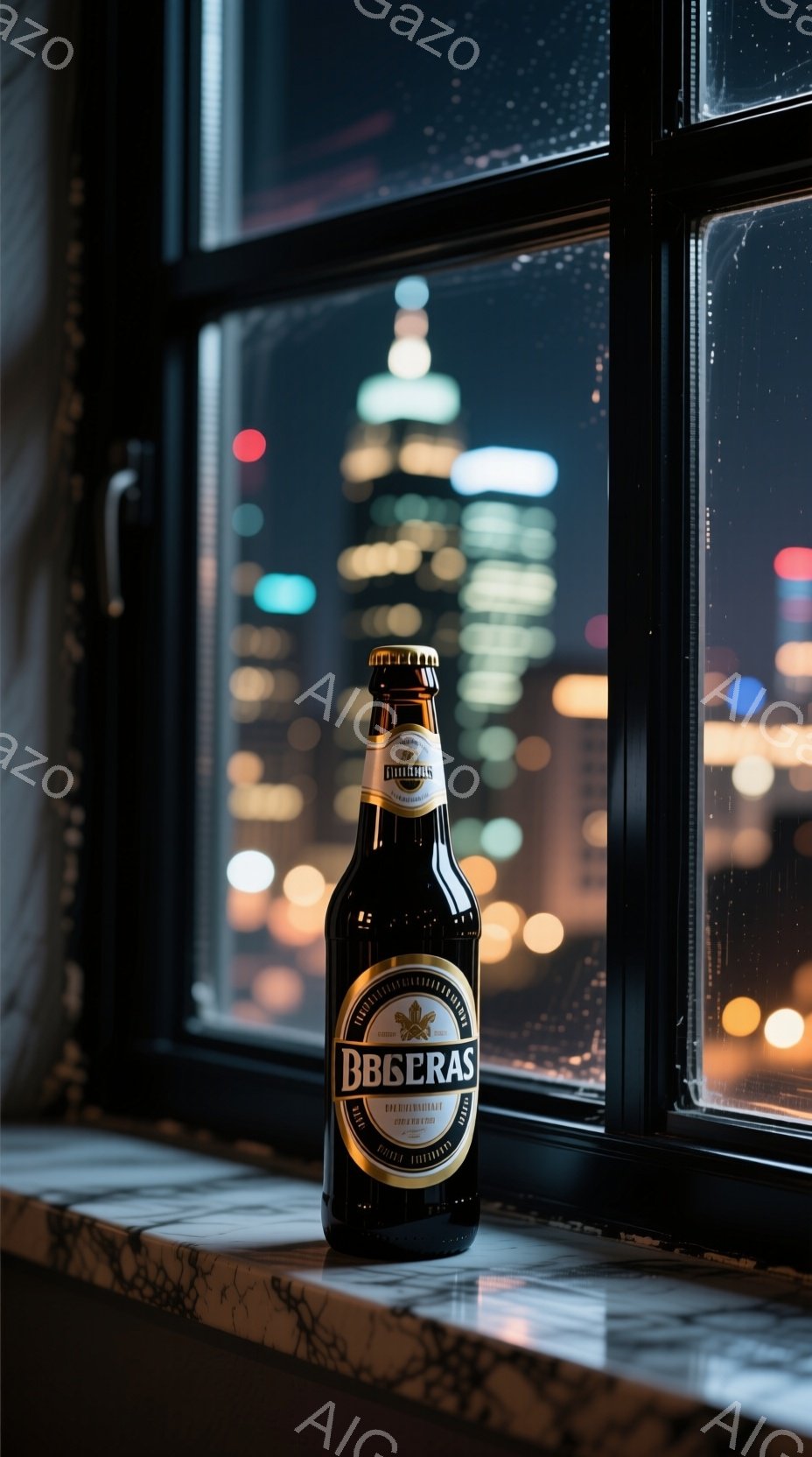 黒色のビール瓶が窓辺に置かれており、背景には夜景が広がっている。高層ビル群が光り輝き、都市の活気を感じさせる。全体的に落ち着いた雰囲気で、夜に一人でビールを楽しむような、少し物憂げな情景が表現されている。