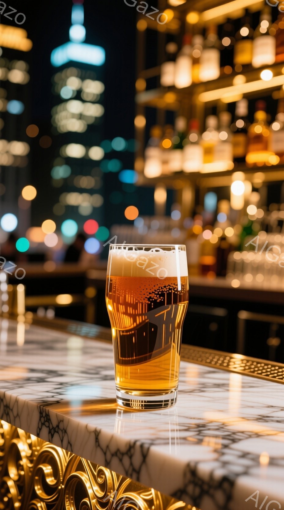 黄金色のバーカウンターの上に、泡が乗ったグラスのビールが置かれています。背景には、夜景の都市の明かりがぼやけて見え、バーカウンターの装飾的なデザインと相まって、高級感と落ち着いた雰囲気を醸し出しています。全体的に、洗練された大人の空間でビールを楽しむ様子を表しています。
