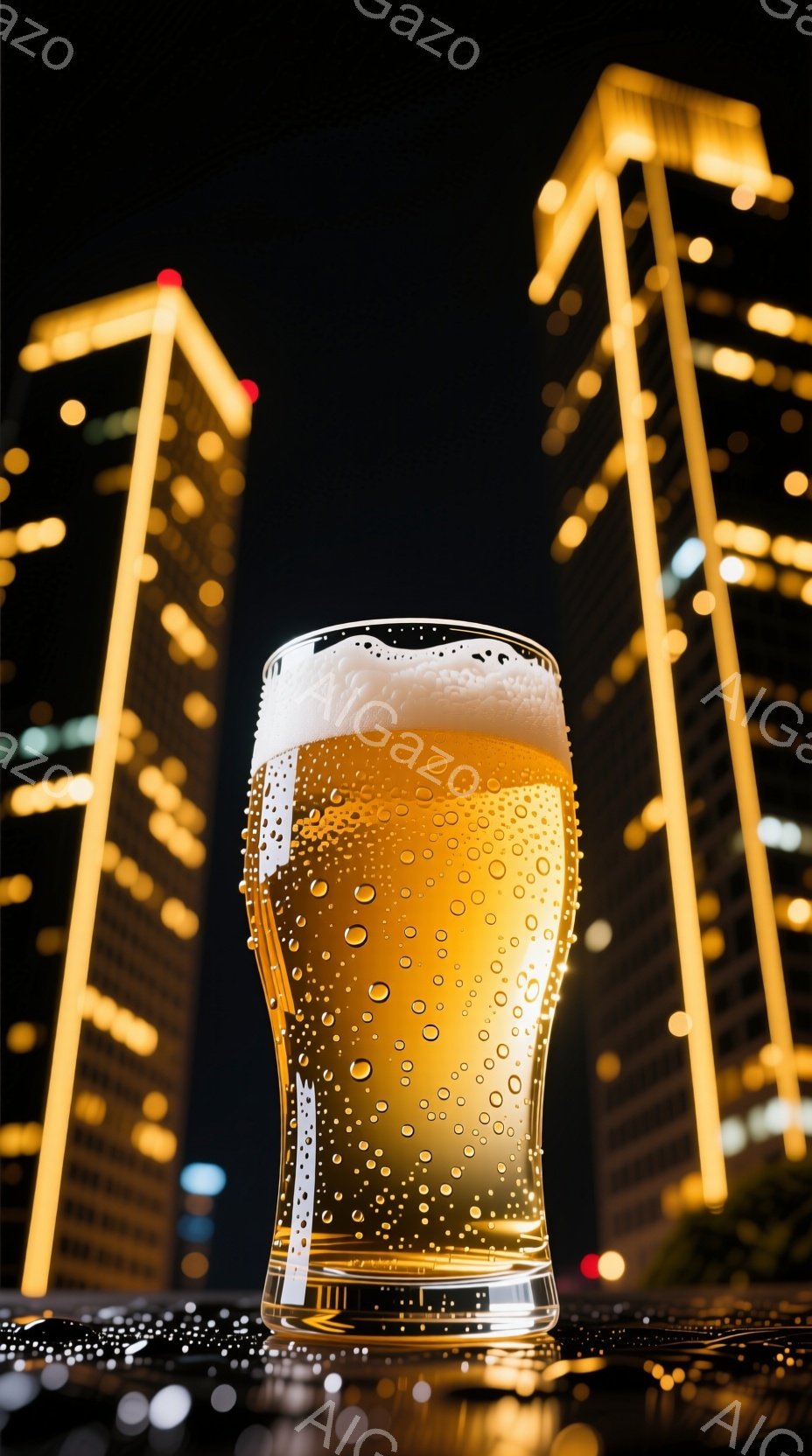 グラスに注がれたビールが画面中央に配置され、その表面には細かい水滴が輝いている。背景には夜景がぼやけて写り込み、高層ビル群が黄金色にライトアップされているのが見える。全体的に夜の都会的な雰囲気で、ビー - AI生成フリー素材