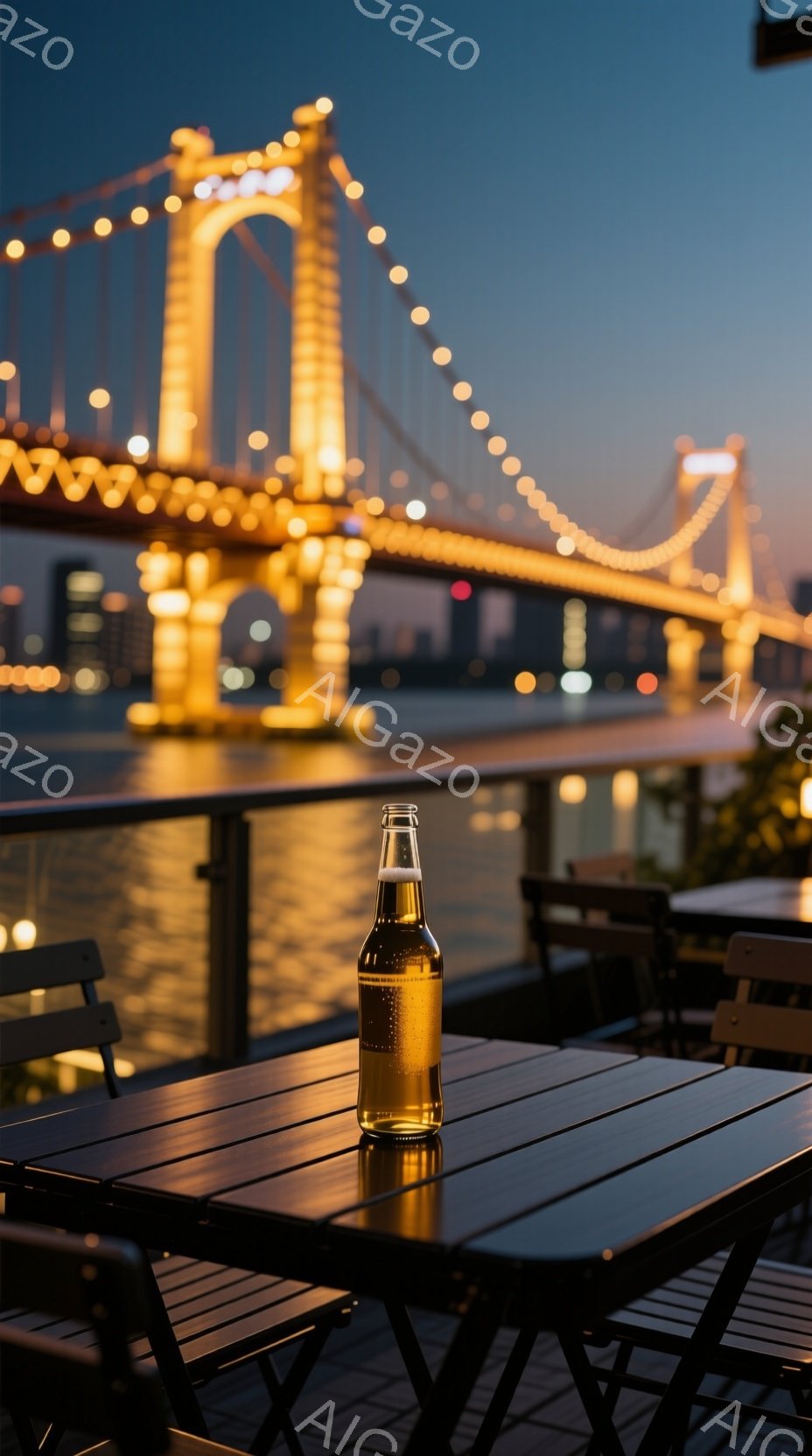 テーブルの上には、水滴がついた冷たいビールの瓶が置かれており、背景にはライトアップされた橋が水面に反射して美しい夜景が広がっています。黒い木製のテーブルと椅子が並べられ、落ち着いた大人の雰囲気を感じさせます。夜空は暗く、橋の光が水面に揺らめき、穏やかでリラックスした空間を演出しています。