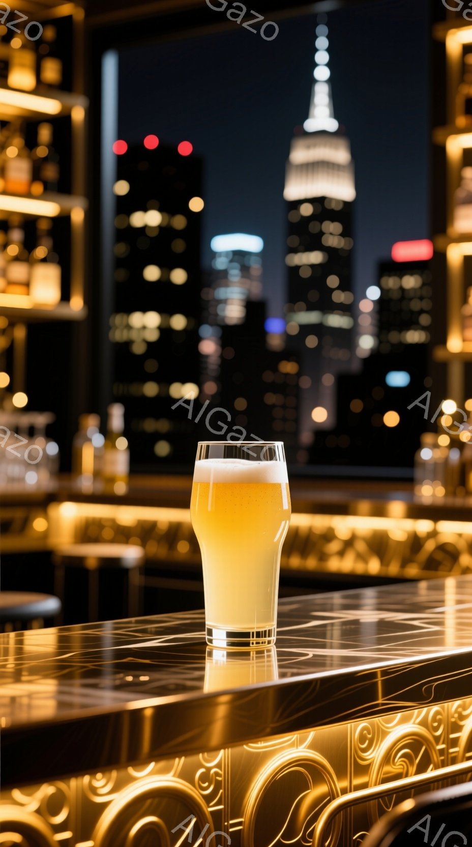 夜景を背景に、バーカウンターに置かれたビールのグラスが印象的な写真です。グラスの中には黄金色のビールが満たされ、泡が綺麗に立ち上っています。背景にはニューヨークの摩天楼が広がり、煌びやかな光が夜空を彩 - AI生成フリー素材