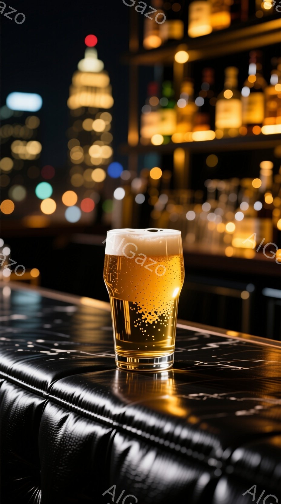輝く金色のビールが、黒い革張りのカウンターに置かれている。背景にはぼやけた都市の夜景が広がり、バーの棚には様々な酒瓶が並んでいる。全体的に暖かく、落ち着いた雰囲気で、都会の夜を楽しむ大人のひとときを彷彿とさせる。