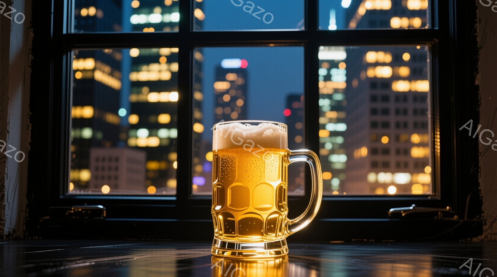 大きなジョッキのビールが、夜景を背景にテーブルの上に置かれている。ビールは泡立ち、黄金色に輝き、ガラスのジョッキが光を反射している。背景には高層ビル群が広がり、夜の都市の活気を感じさせる、暖かく落ち着 - AI生成フリー素材