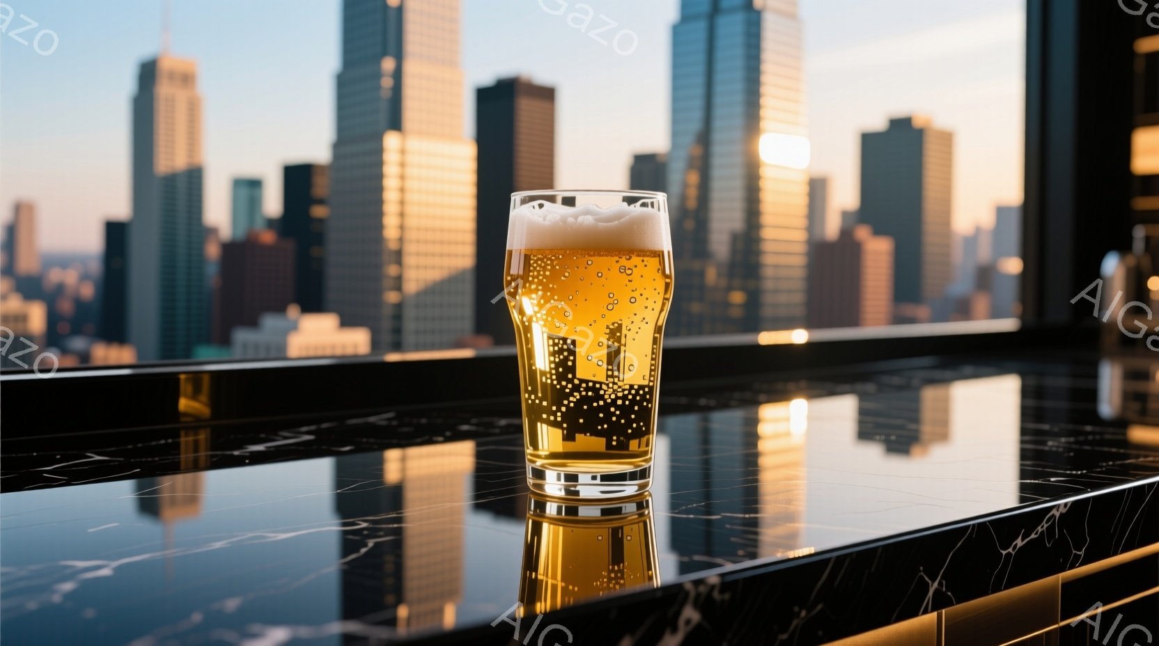 鮮やかな黄金色のビールが、黒色の光沢のあるテーブルの上に置かれている。背景には高層ビル群が広がり、夕暮れ時の空が反射して都市の景観に奥行きを与えている。この構図は都会的な洗練さとリラックスした雰囲気を同時に表現しており、ビールの泡が光を受けてきらめいている。