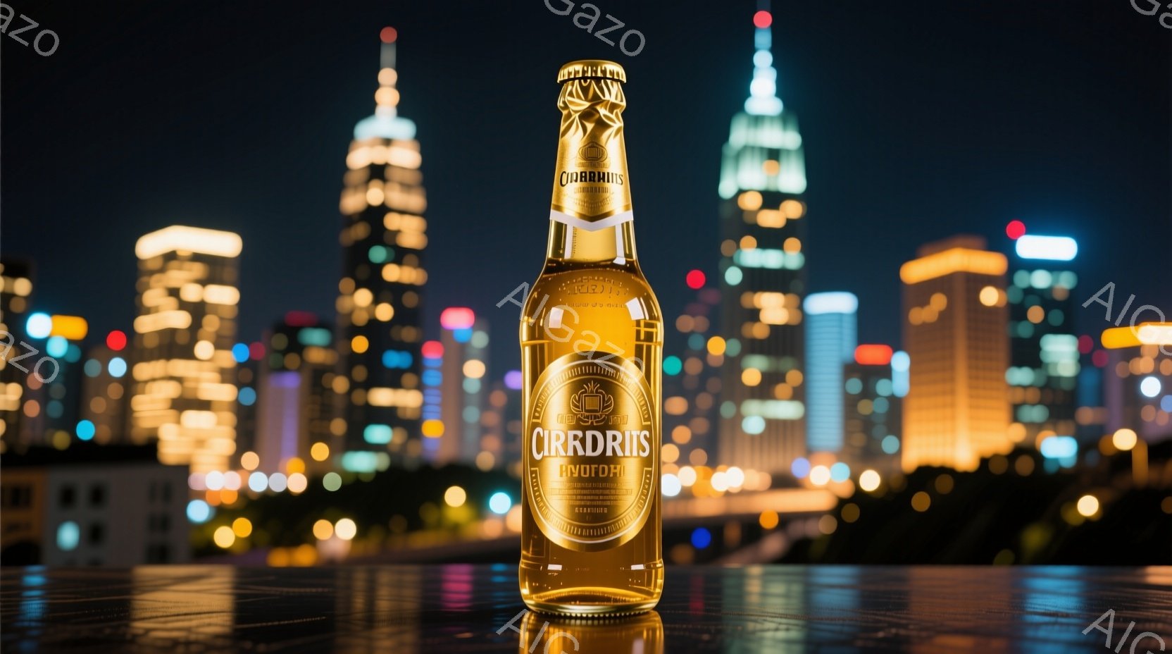 夜景を背景に、金色のボトルが置かれた写真です。ボトルのラベルにはキリル文字で文字が書かれており、高級感と異国情緒を漂わせています。背景には、ライトアップされた高層ビル群が広がり、都市の活気と夜の静寂が共存する雰囲気が感じられます。
