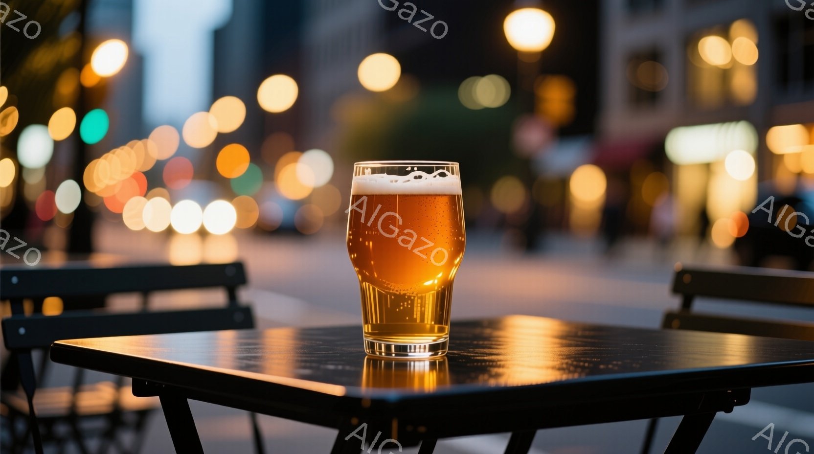 テーブルの上には、泡が乗った琥珀色のビールが入ったグラスが置かれています。背景は夜の街並みで、ぼやけた光が暖かく、屋外のダイニングの雰囲気を醸し出しています。テーブルと椅子のシンプルなデザインが、ビールの色合いを際立たせています。