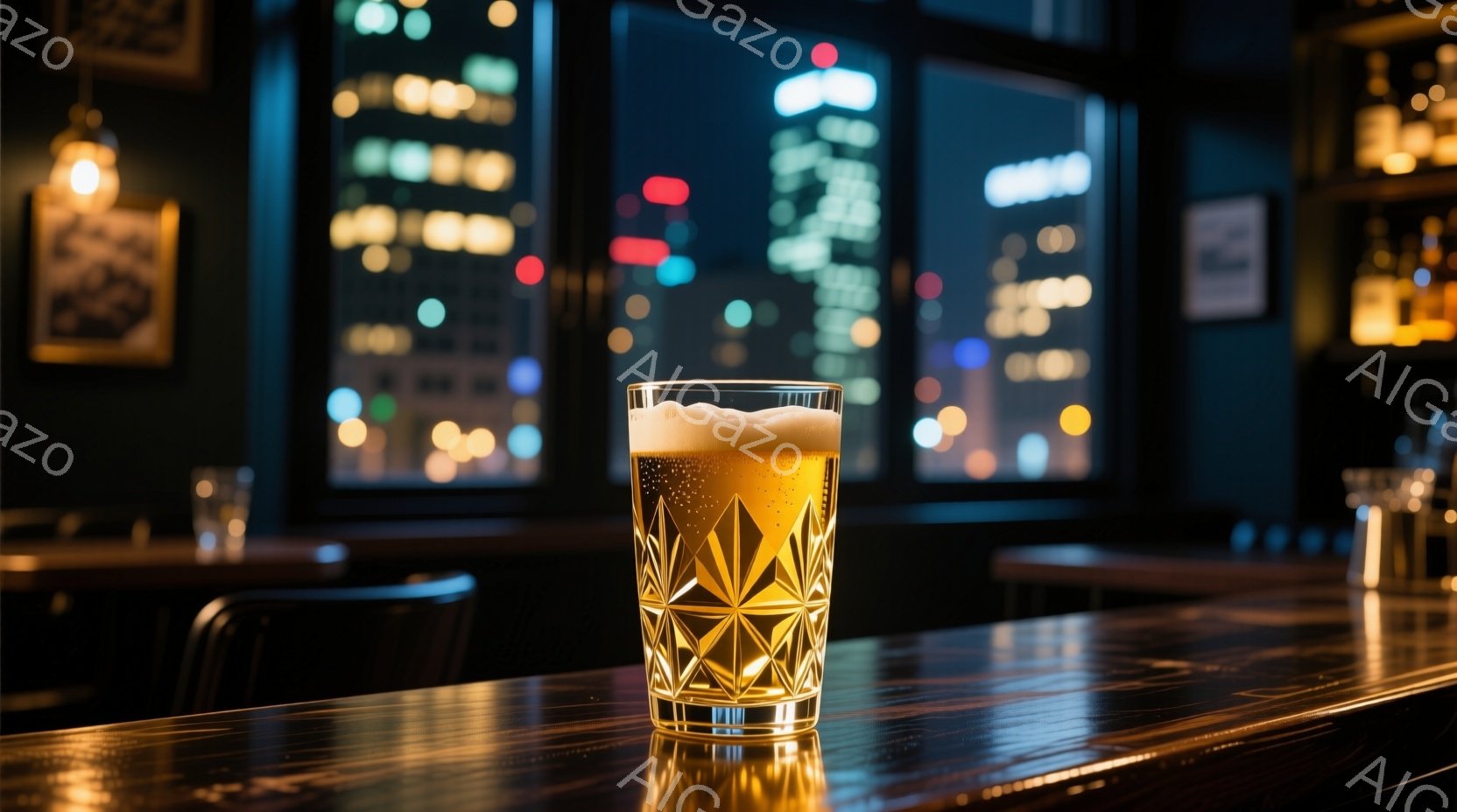 磨かれた木製のカウンターの上に、装飾的なグラスに入った泡立つビールが置かれています。背景には、夜の都市のぼやけた光が広がり、バーの薄暗い照明と相まって、落ち着いた大人の雰囲気を醸し出しています。暖色系 - AI生成フリー素材