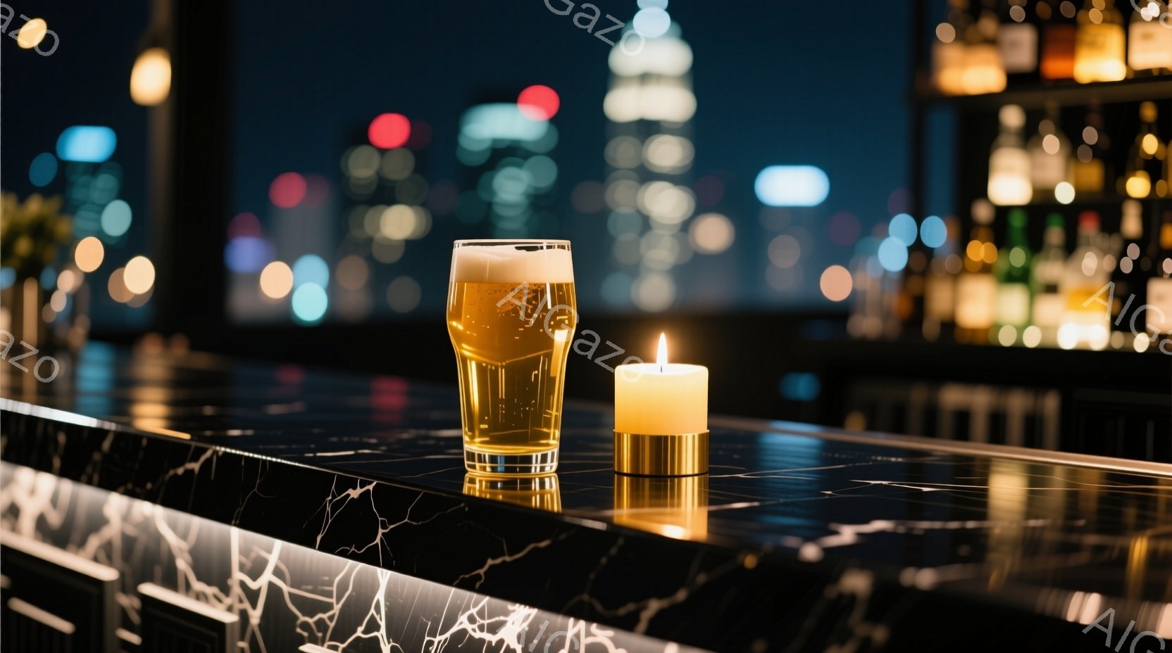 大理石のようなカウンターの上に、泡が美しいビールと、燃え盛るキャンドルが置かれている。背景には夜景が広がり、高層ビル群の光がぼんやりと見えるため、洗練されたバーの雰囲気が漂う。夜の都会の喧騒から離れて、落ち着いた時間を過ごすための理想的なシーンだ。
