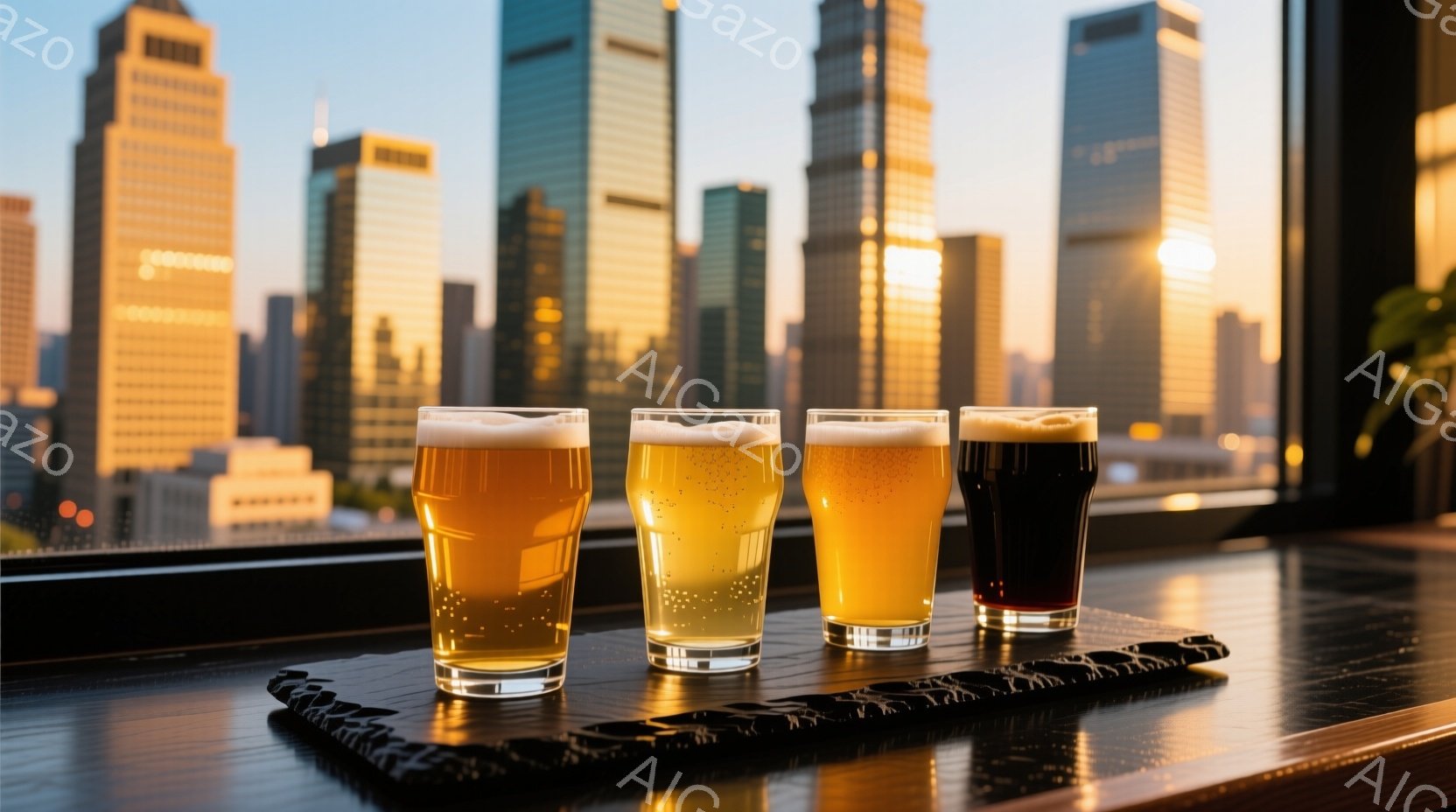 窓の外には高層ビル群が夕焼けに照らされ、都市の風景が広がっています。テーブルの上には、様々な色のビールが並んだグラスが置かれ、泡が豊かに立ち上っています。全体的に落ち着いた雰囲気で、都会の夜景を眺めながらビールを楽しむ、洗練された時間を感じさせます。