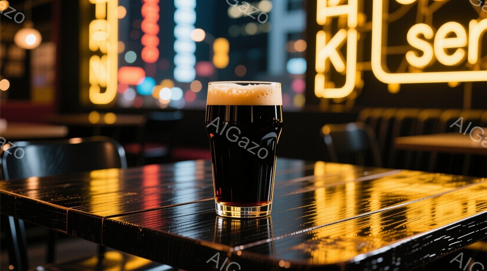 濃い色のビールがグラスに満たされ、泡が盛られています。テーブルは木目で光沢があり、周囲にはぼやけたネオンサインが見え、バーのような雰囲気です。全体的に暖色系の照明が使われ、落ち着いた夜のひとときを思わせます。