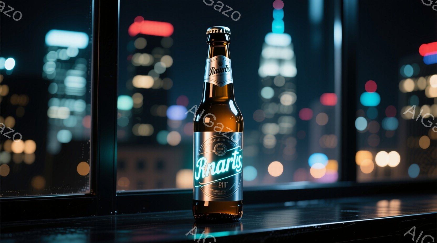 鮮やかな緑色のラベルが貼られたビール瓶が、光沢のある濃い色のカウンターの上に置かれています。背景には夜景がぼやけて写り込み、高層ビル群の光が点在しています。全体的に洗練された都会的な雰囲気が漂い、ビールのボトルが中心に注目を集めています。