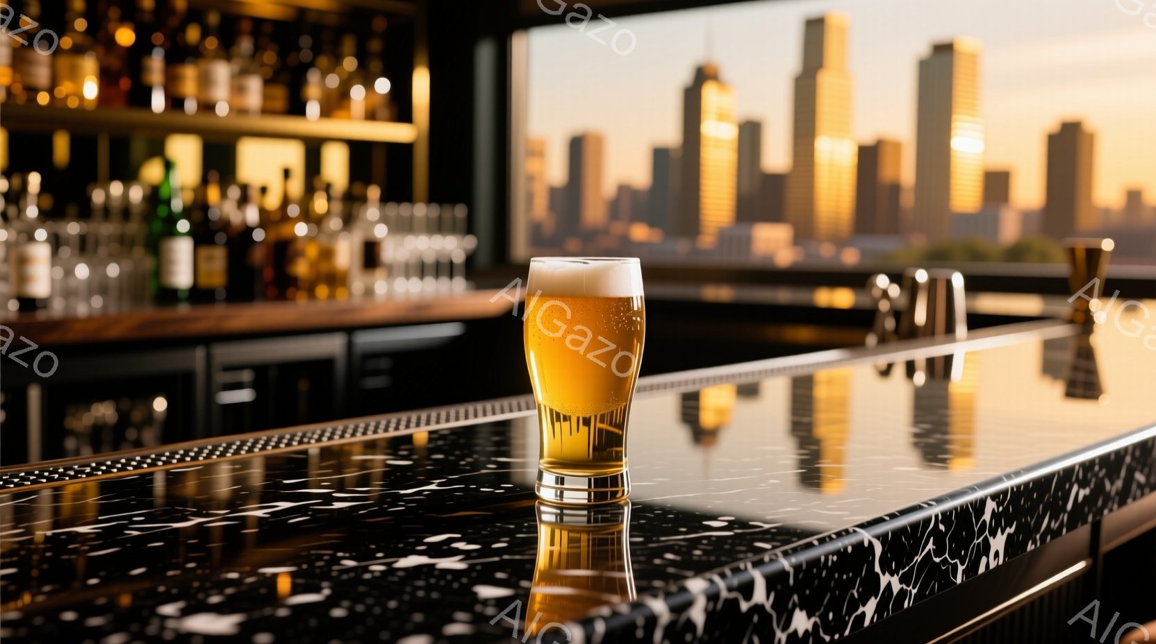 黒の大理石のようなカウンターの上に、泡が乗った黄金色のビールが置かれています。背景には夕焼けに照らされた高層ビル群が広がり、都会の夜景を思わせる風景が広がっています。カウンターの光沢とビールの泡、そして夕焼けのコントラストが、洗練された落ち着いた雰囲気を醸し出しています。