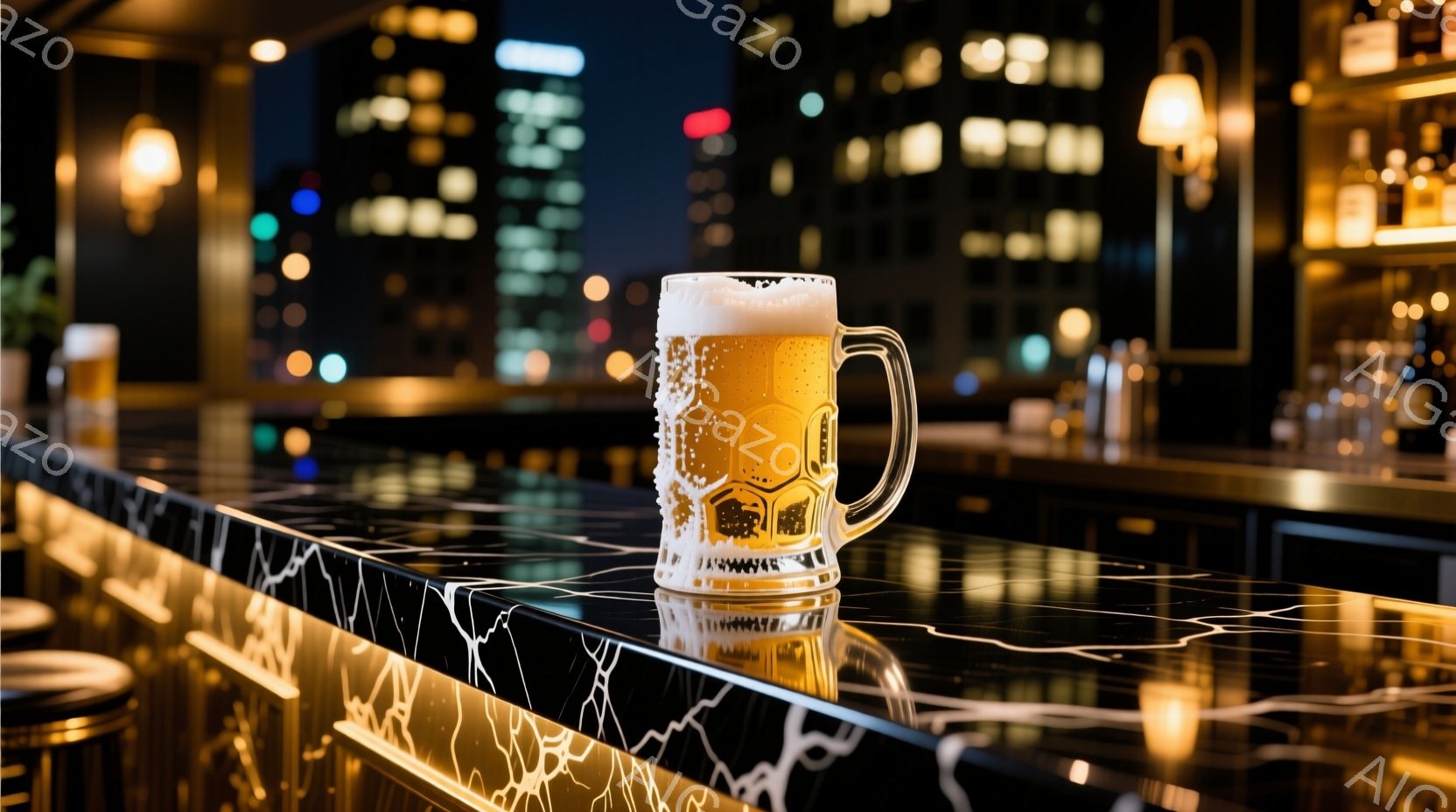 光沢のある大理石調のカウンターに、泡がたっぷり盛られたグラスのビールが置かれています。背景には、夜景のビル群がぼんやりと見え、カウンター上には温かい光を放つランプがいくつか設置されています。全体的に洗練された雰囲気で、夜のバーやラウンジでのひとときを表現しているようです。