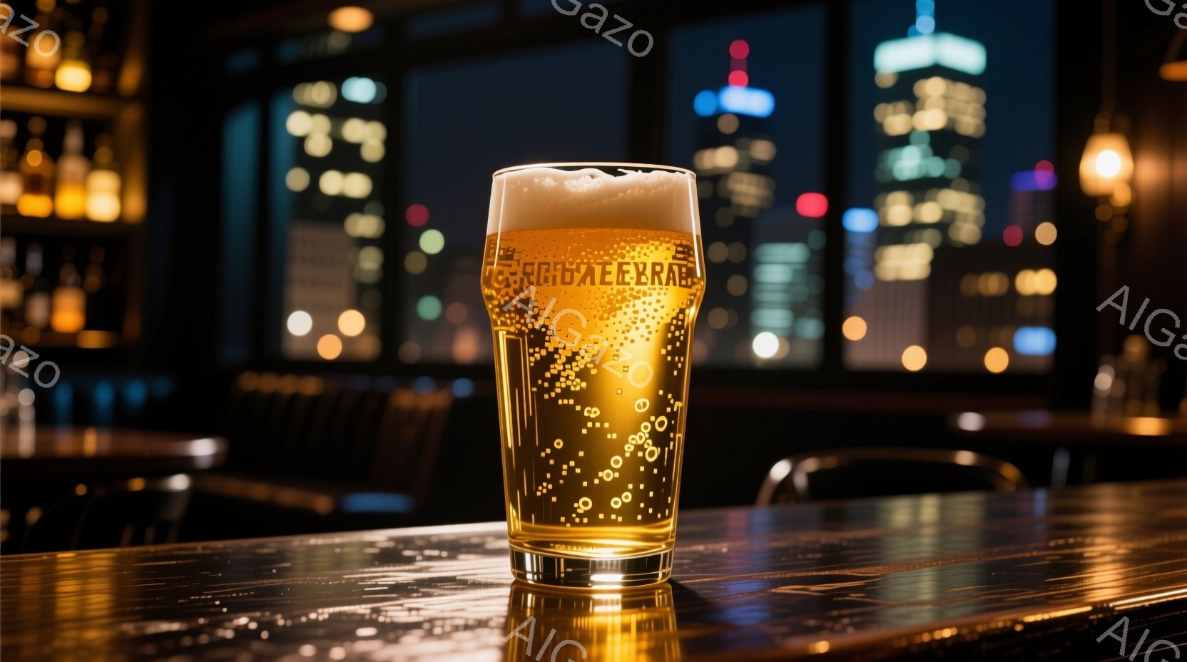 画像は、バーカウンターに置かれたビールグラスを捉えています。グラスの中には泡が立ち、液体は黄金色に輝き、カウンターの木目調の表面に光が反射しています。背景には夜景が広がり、高層ビル群の光がぼんやりと見え、落ち着いた大人の雰囲気を感じさせます。