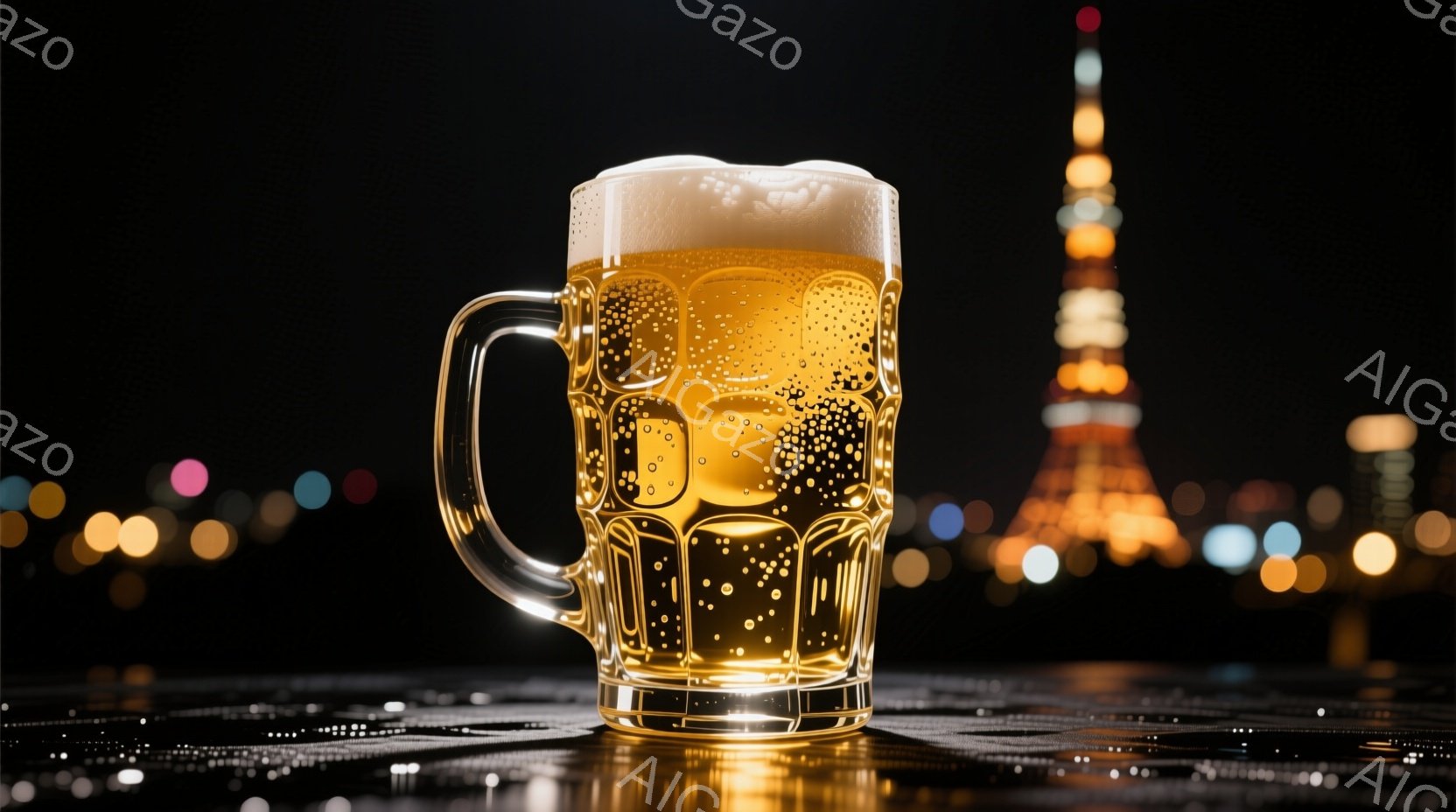 鮮やかな琥珀色のビールが、彫刻のようなグラスに満たされ、泡が立ち上っている。背景には、夜の東京タワーがぼんやりと光り、下にはキラキラとした光の粒子が散りばめられた黒いテーブルが写っている。全体的に、夜の都市の光の中でビールを楽しむ、洗練された雰囲気を感じさせる。