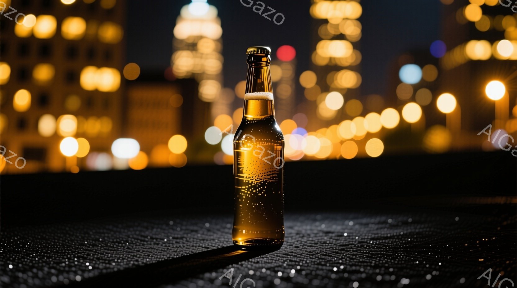 道路上に置かれた冷えたビール瓶が写っている。背景には夜景が広がり、ぼやけた光が都市の輪郭をぼんやりと示している。全体的に、夜の都市の静けさとビールの爽やかさが組み合わさった、落ち着いた雰囲気を醸し出している。
