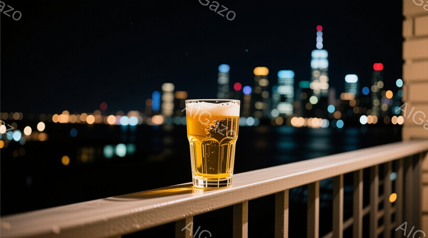 輝く夜景を背景に、一杯のビールがバルコニーの手すりに置かれている。ビールの液体は金色で泡が立ち、グラスの表面には水滴が付いている。背景には、夜の都市のスカイラインがぼんやりと見え、多くの光が点滅していることから、活気のある雰囲気を感じられる。