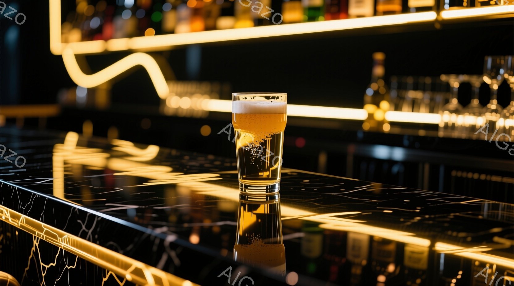 黒い大理石のようなカウンターの上に、泡が乗ったグラスのビールが置かれています。背景には、黄色い光で照らされた酒瓶が並び、モダンでスタイリッシュなバーの雰囲気が漂っています。光の反射がカウンターに美しい模様を作り出し、洗練された空間を強調しています。