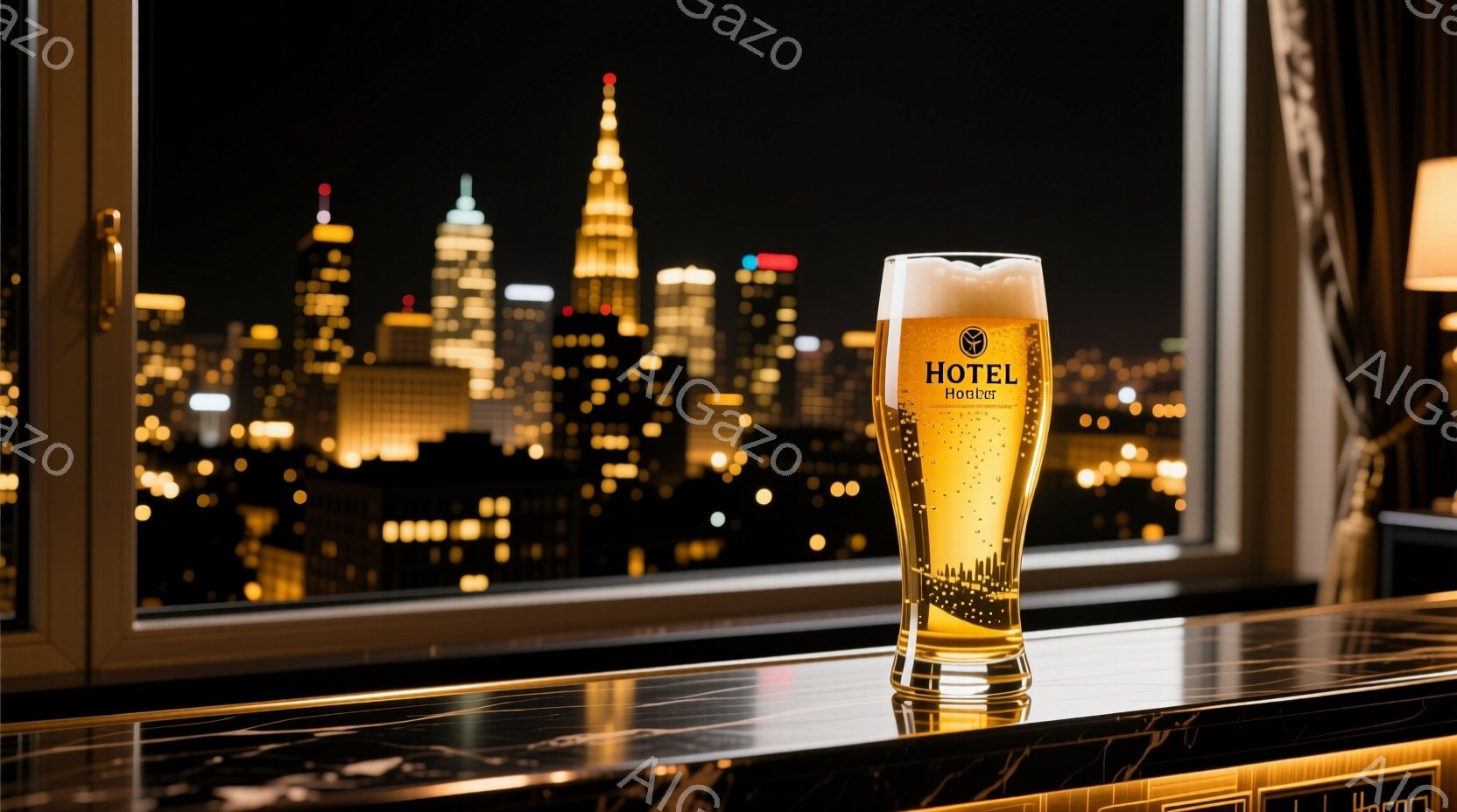 夜景を背景に、ホテルのバルカウンターに置かれたビールグラスが印象的な画像です。グラスの中には泡が立ち、黄金色のビールが輝き、都市の明かりがグラスに反射して美しいコントラストを生み出しています。室内は薄暗く、カウンターの光と外の夜景が織りなす、洗練された大人の雰囲気が漂っています。