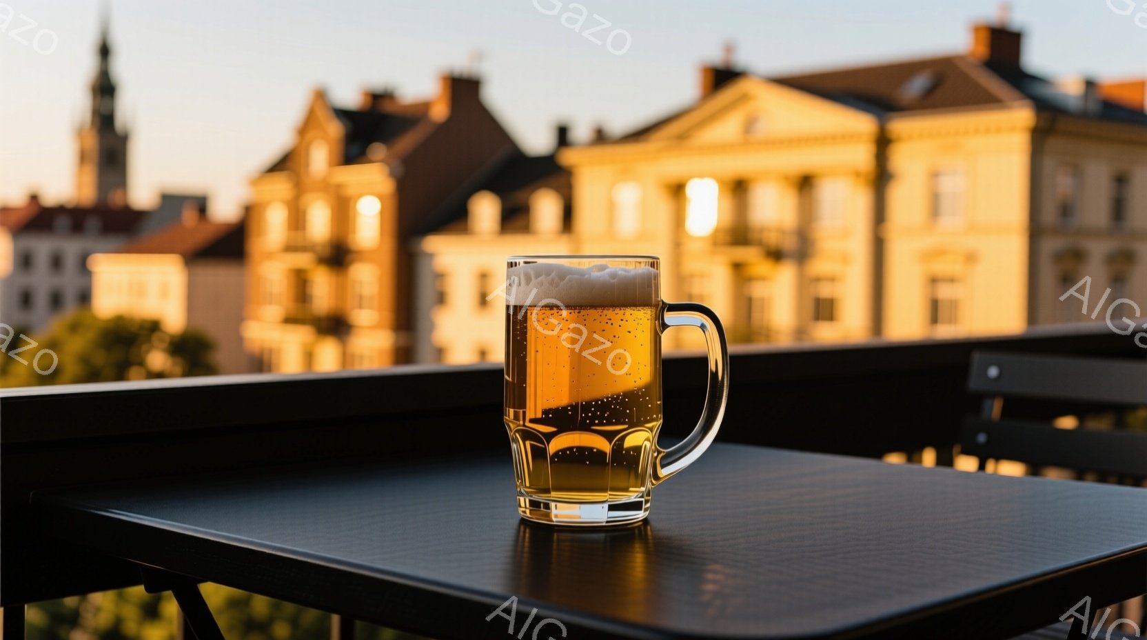 見事な黄金色のビールが、黒いテーブルの上に置かれている。背景には、夕暮れ時の穏やかな光に照らされた、様々な建築様式の建物群が並び、緑豊かな木々が垣間見える。全体的に、落ち着いた雰囲気で、リラックスした時間や休暇を連想させる美しい光景である。