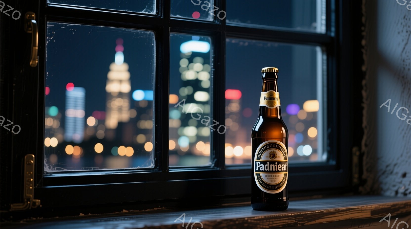 暗い部屋の窓辺に置かれたビール瓶が焦点となっている。背景には夜景が広がり、高層ビル群がぼんやりと光を放っている。全体的に落ち着いた雰囲気で、都会の夜に一人でビールを楽しむような、静かでリラックスした情景が目に浮かぶ。