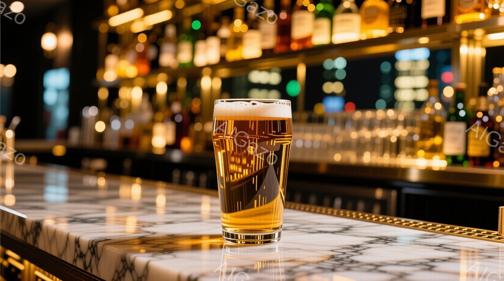 光沢のある大理石調のカウンターの上に、泡が乗った黄金色のビールが入ったグラスが置かれています。背景には、様々な種類のボトルが並んだバーカウンターがぼやけており、暖かく落ち着いた雰囲気を醸し出しています。全体的に、洗練されたバーのインテリアと、リラックスした時間の流れを感じさせる写真です。