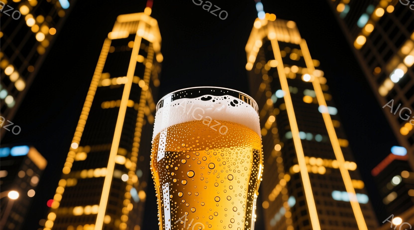 金色のビールがグラスの中で泡立ち、夜の都市の背景に浮かび上がっている。高層ビル群は暖色系の照明で飾られ、きらめきながらグラスの背後にそびえ立っている。この構図は、都市の夜景とビールの爽やかさを強調し、洗練された雰囲気を作り出している。