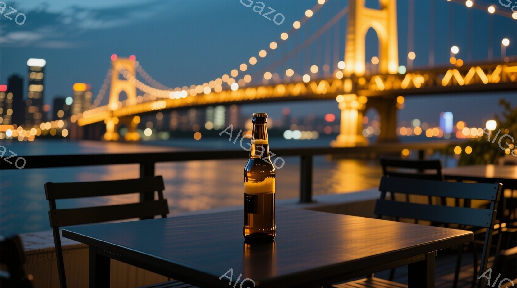 テーブルの上には、ラベルが部分的に見えるビールのボトルが置かれ、周囲には黒い椅子が並んでいます。背景には、夜にライトアップされた大きな橋と、ぼやけた都市のスカイラインが広がっており、水面は穏やかに光を反射しています。全体的に、都会の夜景を背景にした、落ち着いた雰囲気のダイニングシーンが表現されています。