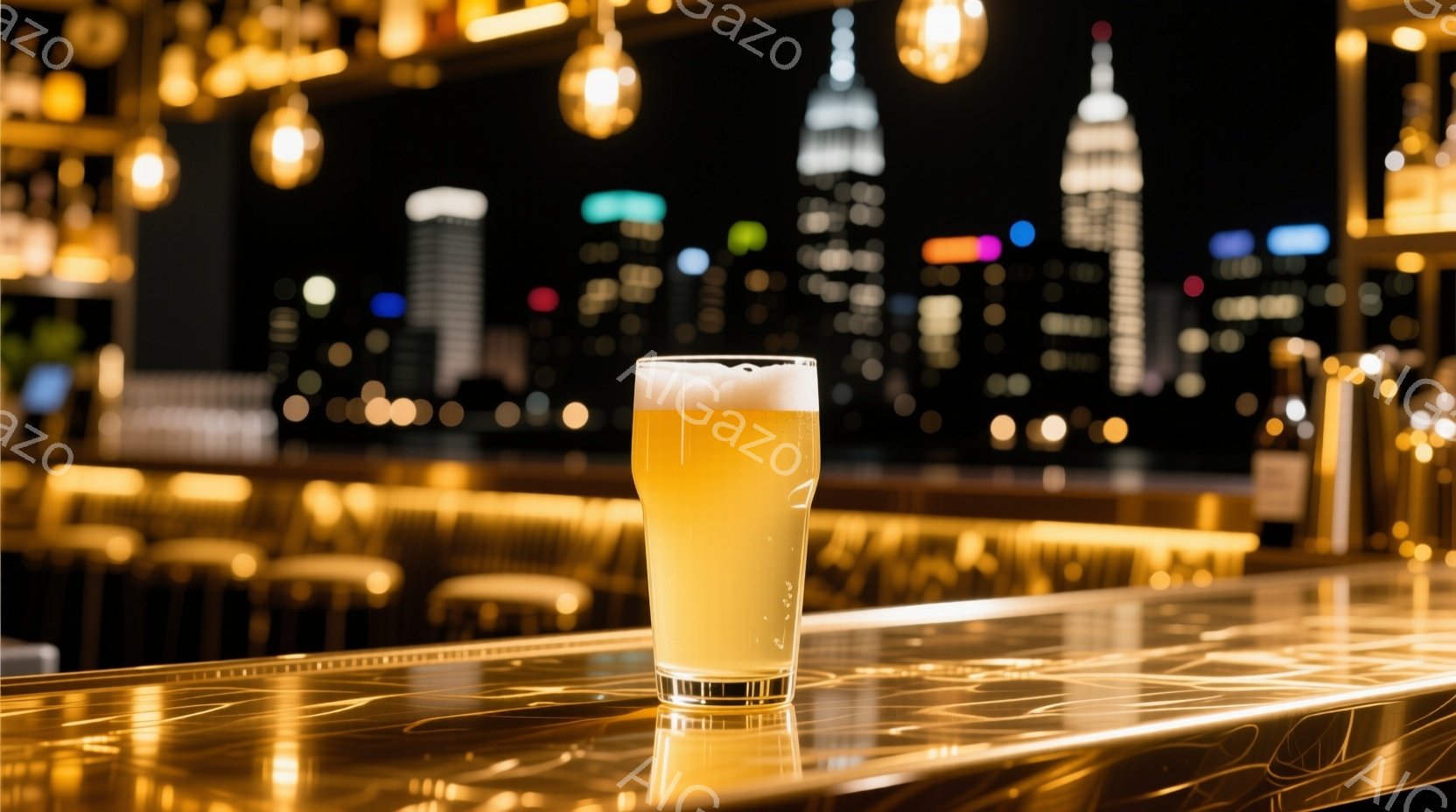 金色のカウンターの上に、泡がのった冷たいビールが一杯置かれています。背景には夜景が広がり、高層ビル群がぼんやりと光を放っています。暖色系の照明と夜景のコントラストが、洗練された大人の雰囲気を醸し出しています。