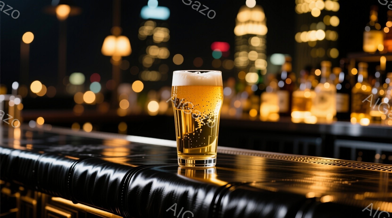 高いカウンターの上に、泡が乗った冷たいビールが置かれています。背景には、夜景の都市のスカイラインがぼんやりと見え、暖かい光がカウンターを照らしています。全体的に、都会の夜にバーでリラックスした瞬間を捉えた、洗練された雰囲気です。